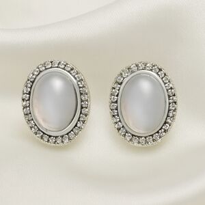 Elegant Dainty Silver Oval Moonstone Stud Earrings – Classic Studs Women Jewelry